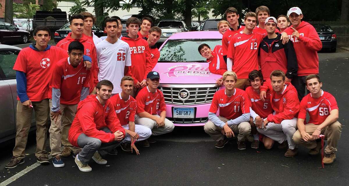 The Fairfield Prep soccer team showed support for this year's Pink Pledge campaign organized by the Norma Pfriem Breast Care Center by participating the Stroll of Strength through downtown.