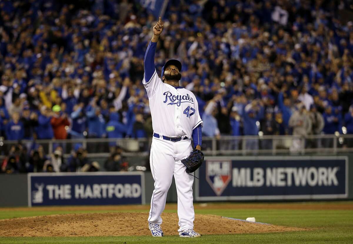 Kansas City Royals pitcher Johnny Cueto reacts after getting New York Mets' Yoenis Cespedes to fly out and end Game 2 of the Major League Baseball World Series Wednesday, Oct. 28, 2015, in Kansas City, Mo. The Royals won 7-1 to take a 2-0 lead in the series. (AP Photo/David J. Phillip)