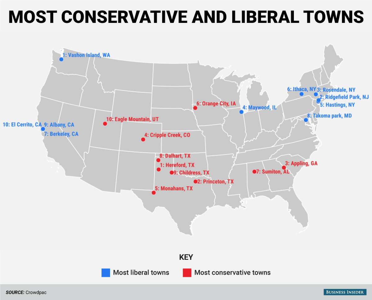 Crowdpac ranks the 10 most liberal and conservative towns in America.