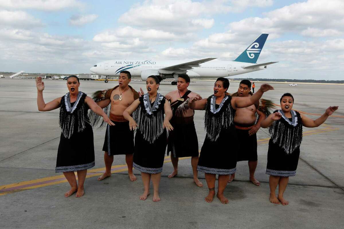 Air New Zealand flight NZ28 (from Auckland to Houston) taxis at Bush Intercontinental Airport Tuesday, Dec. 15, 2015, in Houston. Haka performers welcomed the arrival of the Boeing 777-200 aircraft with a traditional Maori dance on the tarmac.