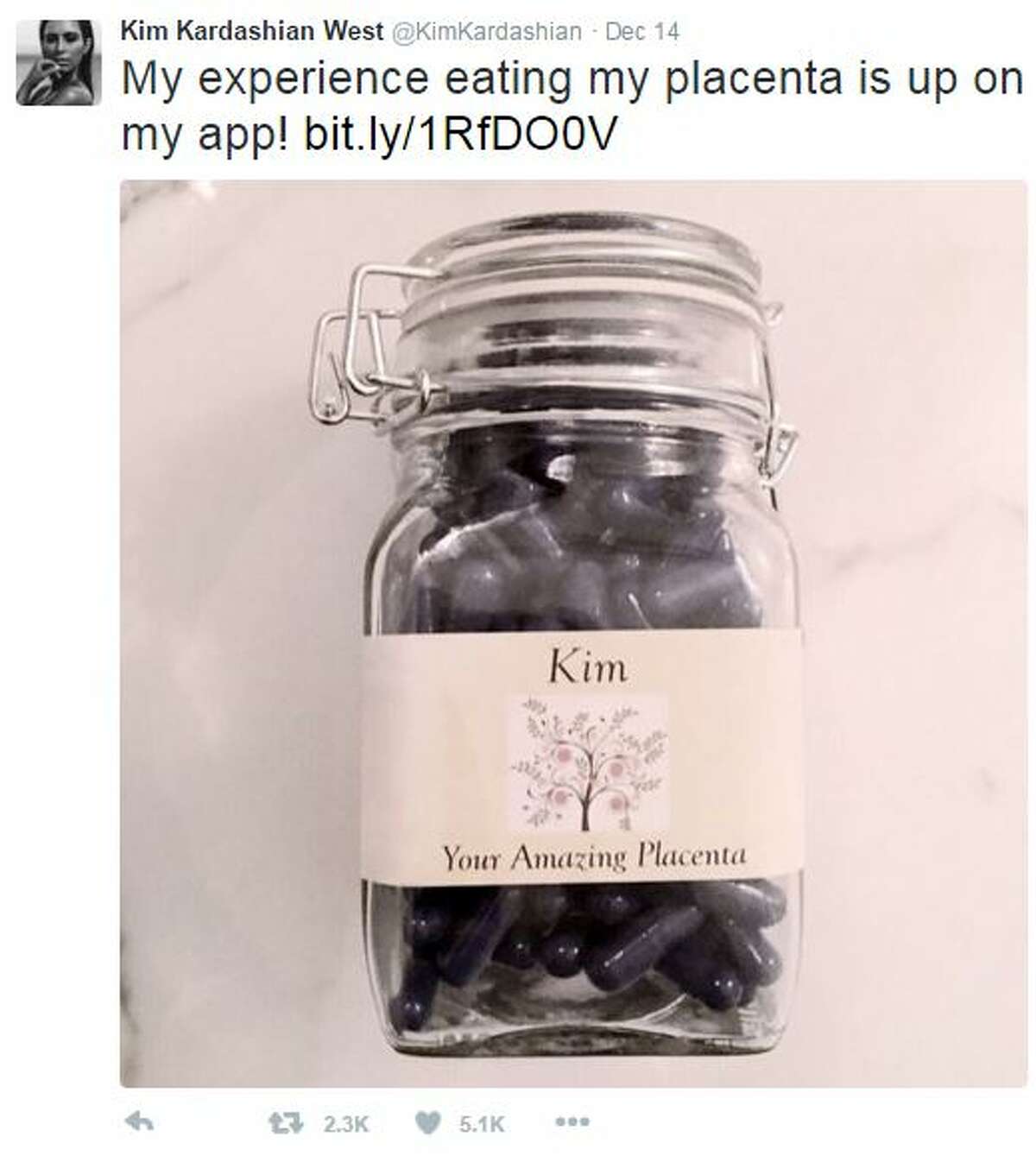 Kim Kardashian shared this photo on her social media sites of her placenta, which has been freeze-dried and ground into a pill form.
