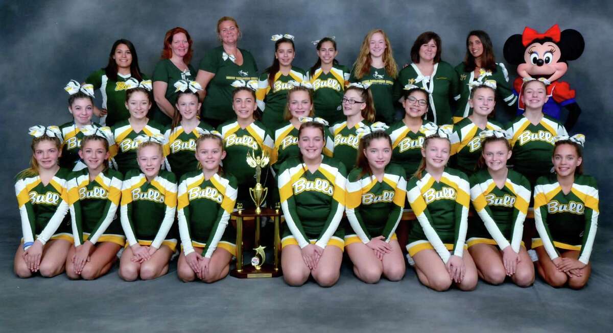 The New Milford Bulls Junior Midget cheer team finished fourth at the Pop Warner Nationals. Front row from left, Brionnah Hamblet, Amanda Clark, Samantha Murphy, Avery Langlois, Lyndsey O'Marra, Halia Hanakahi, Riley Smith, Colette Lynch and Maliyah Pearson. Middle row from left, Katie LaCava, Samantha Primavera, Abigail Mars, Maggie Pascento, Emma Reeve, Makenna March, Ashley Escobar, Olivia Taub and Alexa Hollister. Back row from left, demonstrator Maurisa DosSantos, team mom Melanie Hanakahi, assistant coach Kelly Murphy, Briana Logan, Emily Duarte, demonstrator Madison Hulse, cheer commissioner Mindi Sarko and head coach Nikki Marello. Not pictured: demonstrator Megan Radcliff.