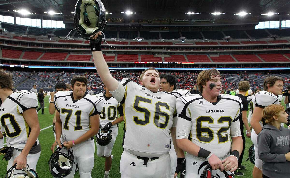 Class 2A Division I: Canadian 61, Refugio 20 Canadian #56 Quentian Smith yells to the crowd after winning the 2015 Texas High School Football Class 2A Division I Championship Game Thursday, Dec. 17, 2015, in Houston. Canadian defeated Refugio at NRG Stadium. ( Steve Gonzales / Houston Chronicle