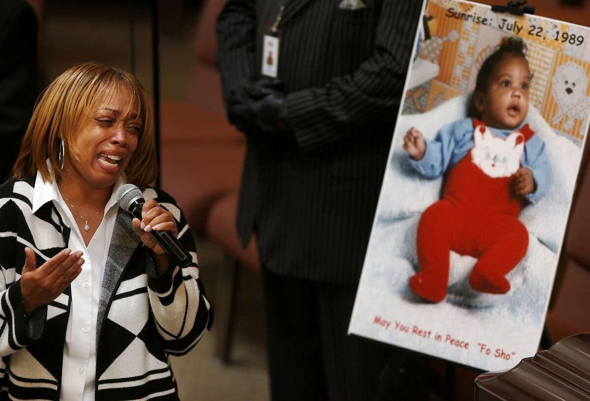 Gwen Woods makes an emotional appeal to the media to tell her son's story with compassion during the funeral service for him, Mario Woods, at Cornerstone Missionary Baptist Church Dec. 17, 2015 in San Francisco, Calif. Mario Woods was fatally shot by San Francisco police in early December.