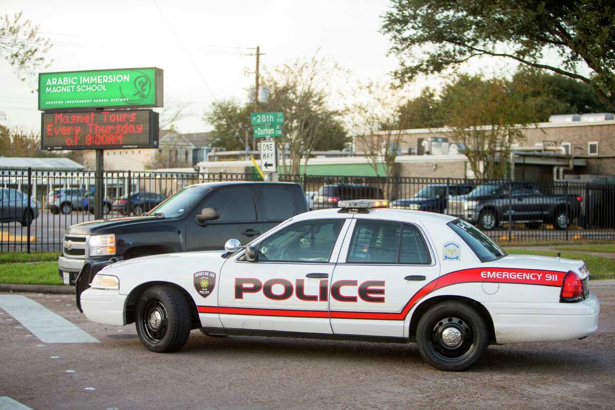HISD police werepresent at the Arabic Immersion Magnet School on Thursday, in Houston. The Houston Independent School District received an email threatening widespread violence at unnamed campuses on Thursday.