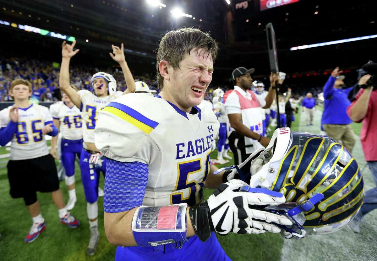 Tucker Sargent (56), of Brock, celebrates the Eagles 43-33 win over Cameron Yoe in the 3A Division I UIL Texas High School State Championship game at NRG Stadium Thursday, Dec. 17, 2015, in Houston.