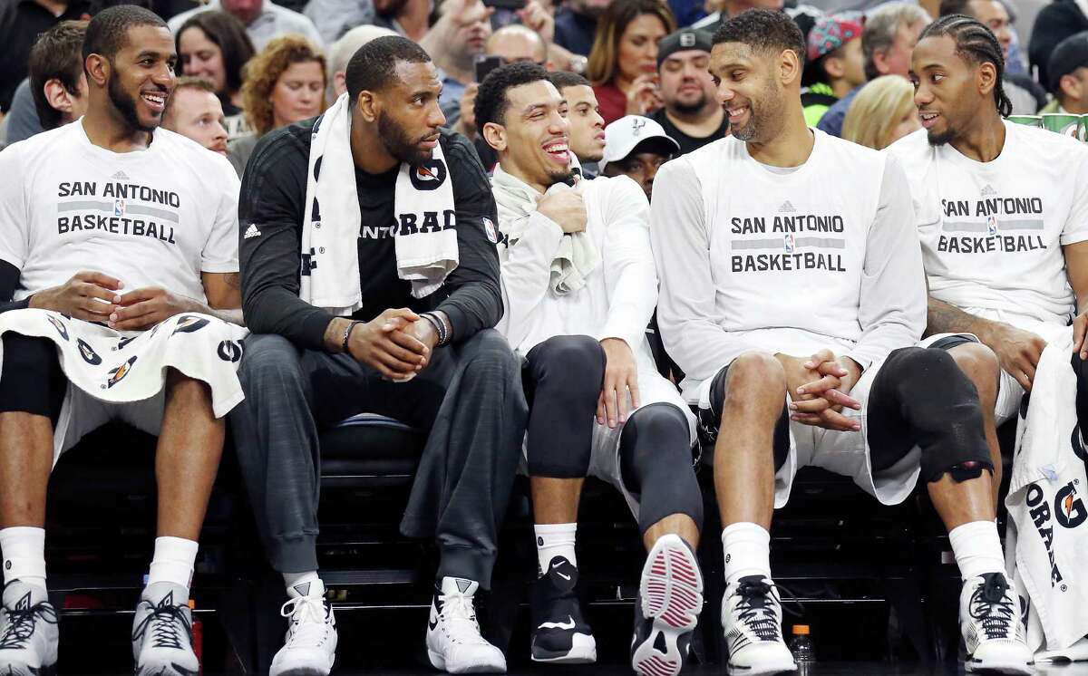 San Antonio Spurs' LaMarcus Aldridge (from left), Rasual Butler, Danny Green, Tim Duncan, and Kawhi Leonard, joke while on the bench during second half action against the Utah Jazz Monday Dec. 14, 2015 at the AT&T Center. Butler and his wife, Leah LaBelle - a singer who appeared on "American Idol" - were both killed in a single car crash in Studio City, California early Wednesday morning, Jan. 31, 2018, according to TMZ.