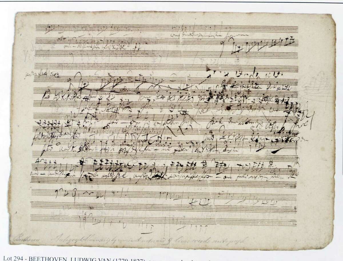 A photograph in an auction book of the old Beethoven score that belonged to a Greenwich resident.