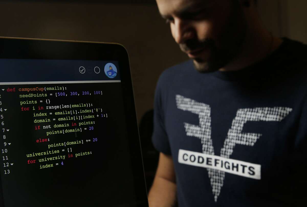 Co-founders Felix Desroches with a screen displaying a section of the coding test at their downtown San Francisco, Calif. office on Saturday December 19, 2015. Codefights is an online programming puzzle test for applicants who are applying for jobs at companies like Go Daddy, Uber and Dropbox to name just a few.