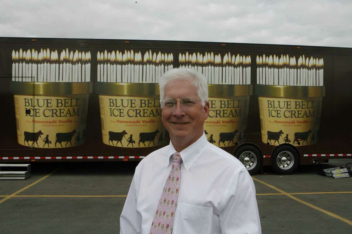 12/28/06--Paul Kruse is CEO and President of Blue Bell Creameries. Behind him is the 18 wheel trailer truck that will tour next year as part of the 100th anniversary of Blue Bell. Blue Bell Ice Cream will celebrate its 100th anniversary next year. Included in the celebration will be a "Days in the Country" sculpture garden at the Washington County Fairgrounds, a "Name That Flavor" contest, an anniversary book about the history of Blue Bell, and an anniversary cookbook. There will also be an 18 wheel truck with Blue Bell exhibits that will tour 66 cities in the Blue Bell market area, Starting with Phoenix and Tucson, AZ. Photo by Steve Campbell, Chronicle Staff