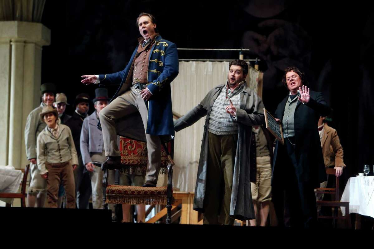 Brandon Jovanovich (left) as Walther, James Rutherford as Hans Sachs and Martin Gantner as Sixtus Beckmesser in San Francisco Opera’s “Die Meistersinger.”