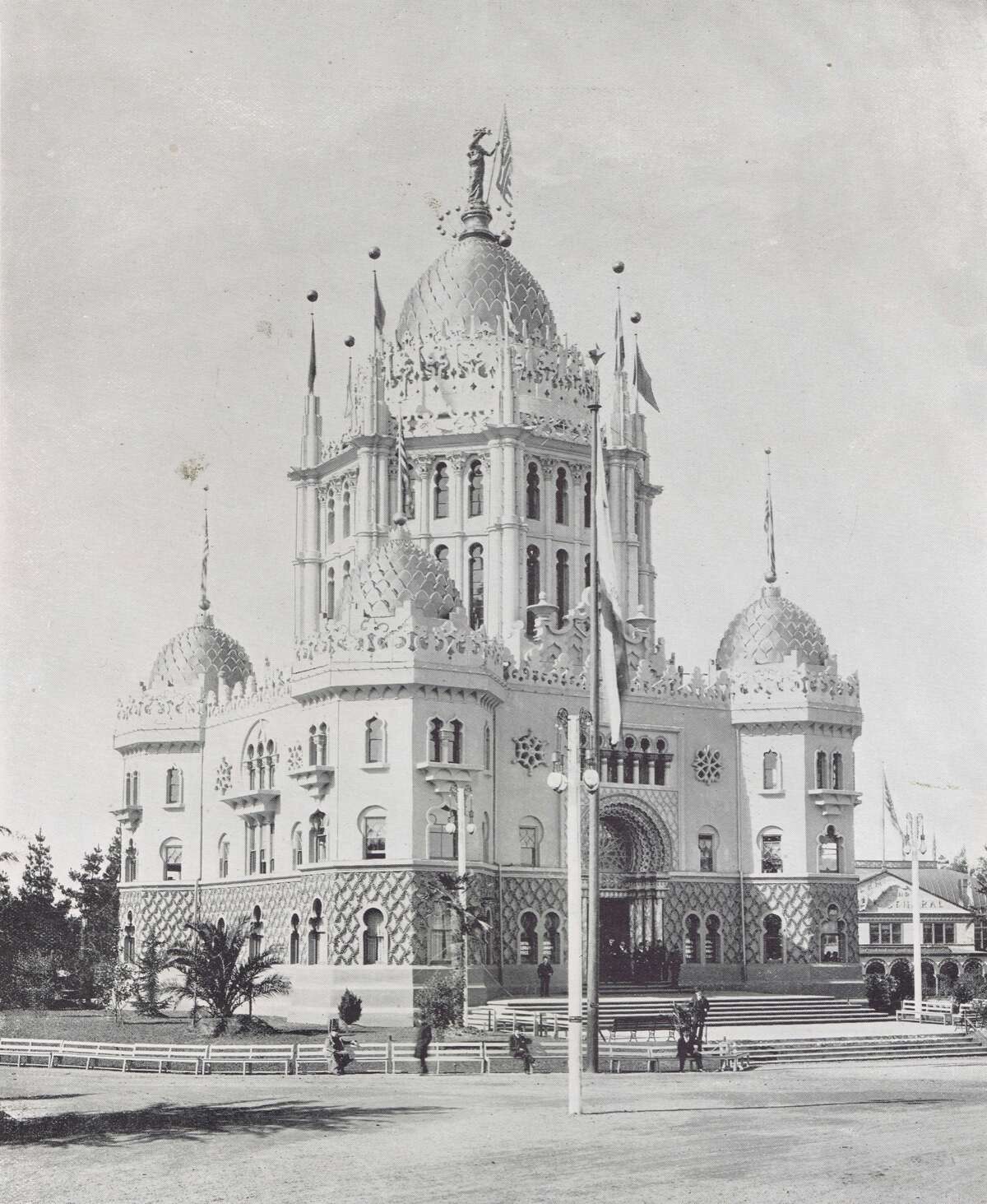 The Administration Building - Created in East Indian style architecture. Built of wood and fireproof staff at only a cost of $31,000. It contained press and telegraph departments, housing for executives and financial offices. The San Francisco Midwinter Fair of 1894, in Golden Gate Park, from the collection of Bob Bragman