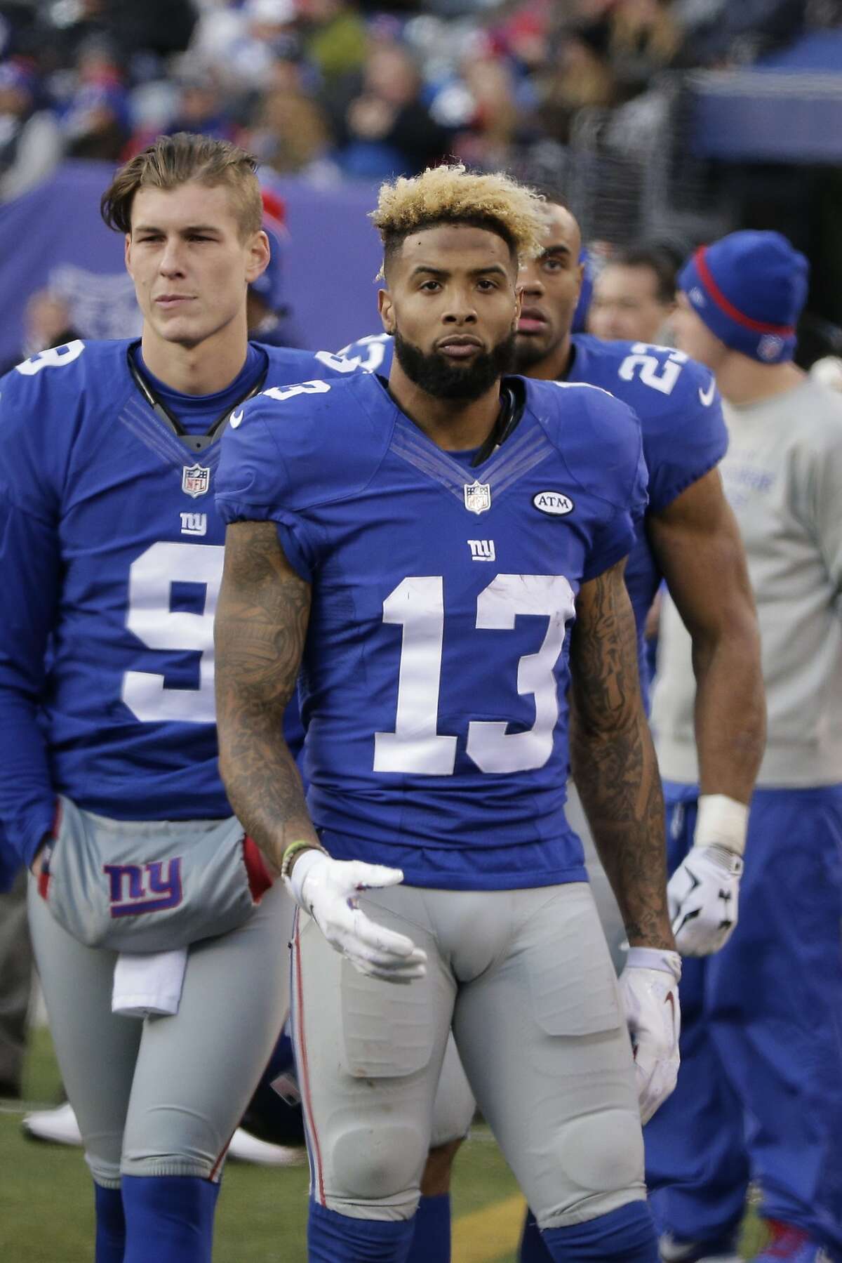 New York Giants' Odell Beckham (13) stands on the sidelines during the...