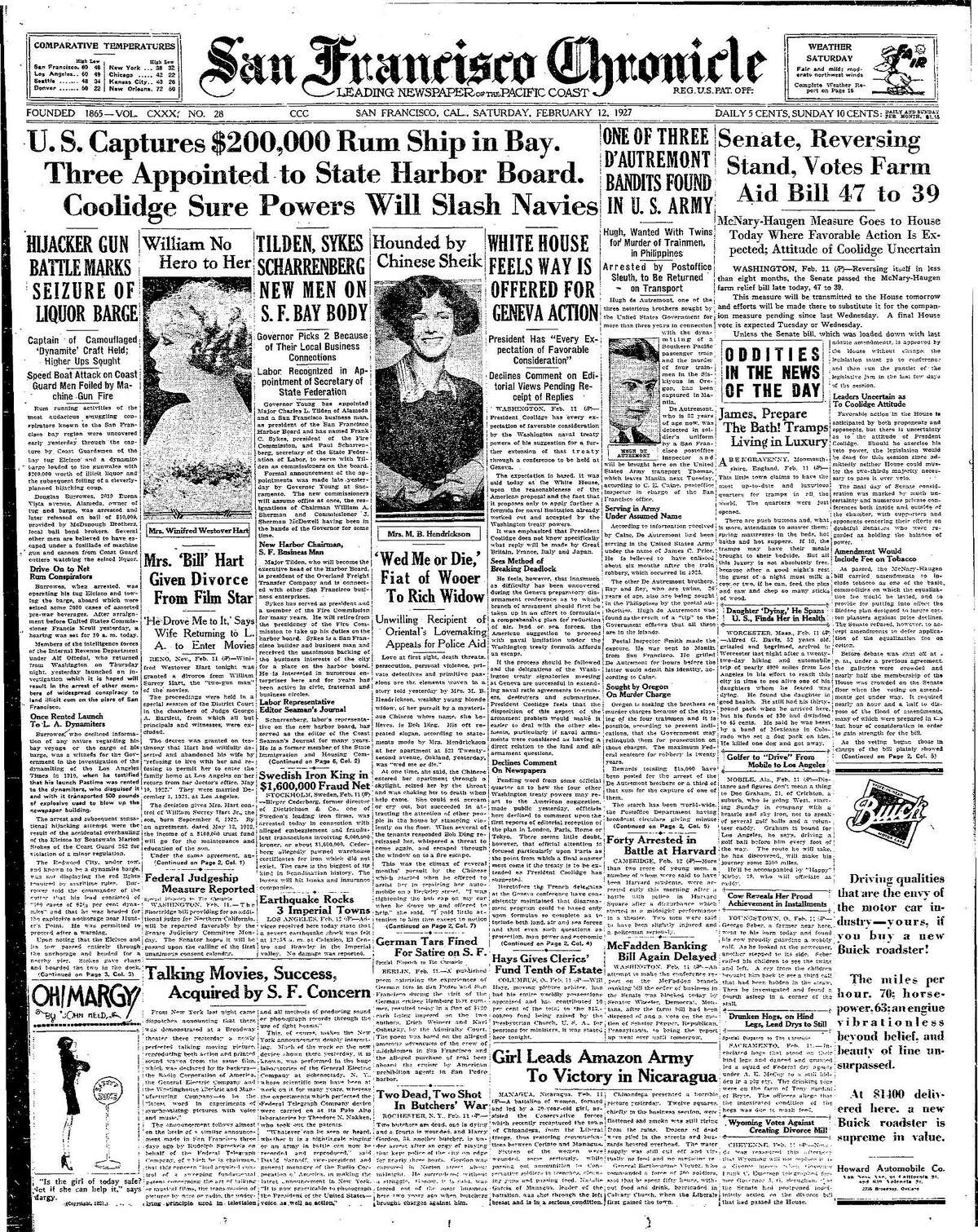 Historic Chronicle Front Page February 12, 1927 $200,000 in rum seized Chron365, Chroncover