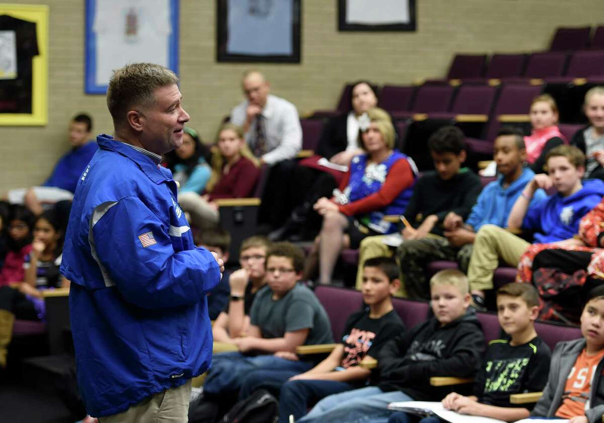 Congressman Chris Gibson meets with seventh grade students Tuesday Dec. 22, 2015 to discuss citizenship and government at the Shaker Junior High School in Latham, N.Y. (Skip Dickstein/Times Union)