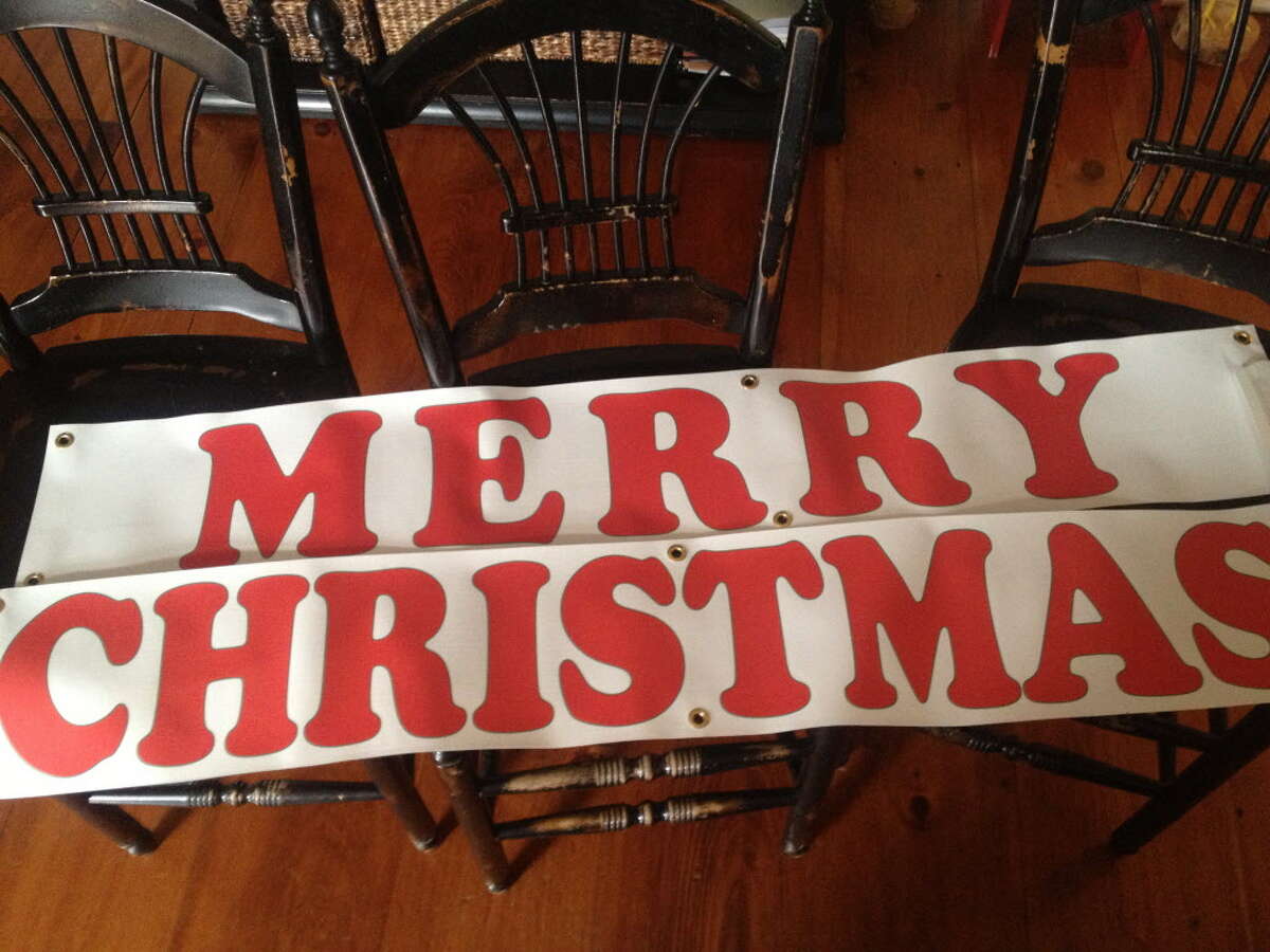 A donated "Merry Christmas" banner that the town of Bethlehem is refusing to hang. The town has banned written signs from its holiday display at the Four Corners intersection. (Photo courtesy of Elena Marcelle)