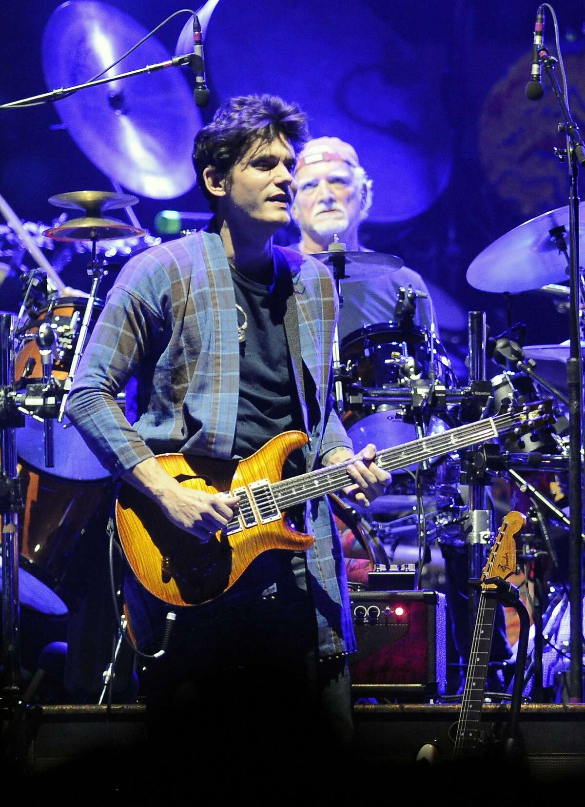 John Mayer ,left, plays with Grateful Dead members Mickey Hart, Bill Kreutzmann, Bob Weir, and musicians Oteil Burbridge, and Jeff Chimenti to form the band Dead & Company during a show at Times Union Center in Albany, N.Y.,Thursday, Sept. 29, 2015. (Hans Pennink / Special to the Times Union)