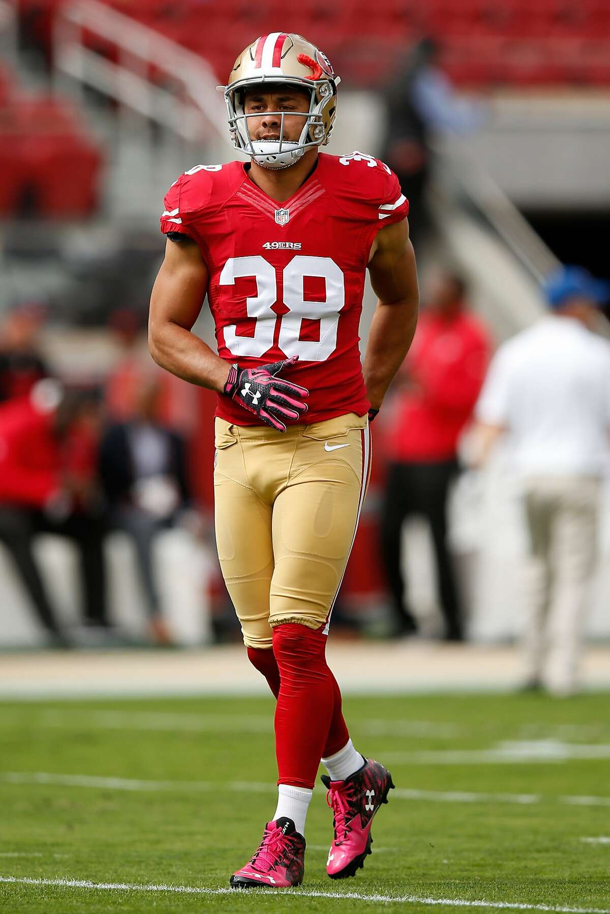 Running back Jarryd Hayne #38 of the San Francisco 49ers warms up prior to playing the Baltimore Ravens in their NFL game at Levi's Stadium on October 18, 2015 in Santa Clara, California.