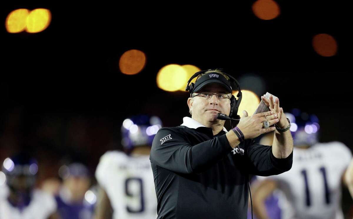 TCU head coach Gary Patterson calls a timeout during the first half against Iowa State on Oct. 17, 2015, in Ames, Iowa.