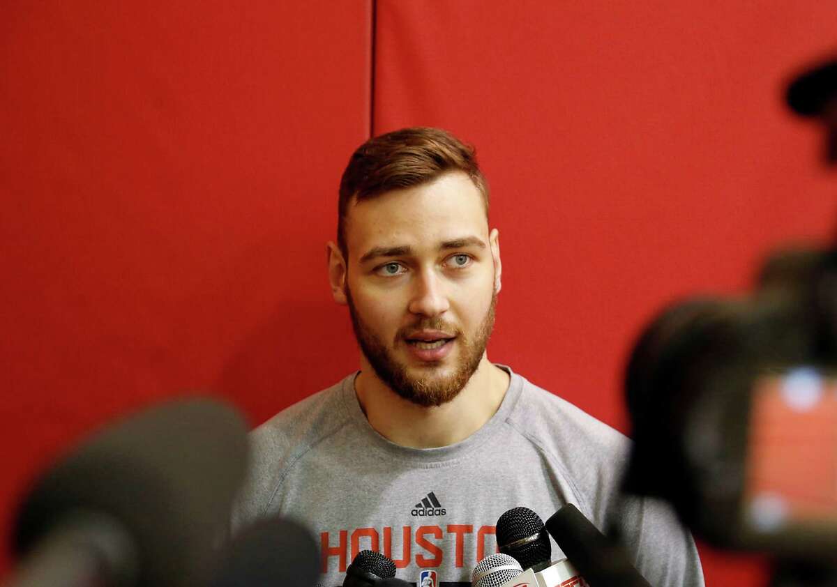 Houston Rockets forward Donatas Motiejunas is interviewed during the Houston Rockets practice at the Toyota Center Friday, May 1, 2015, in Houston. ( James Nielsen / Houston Chronicle )