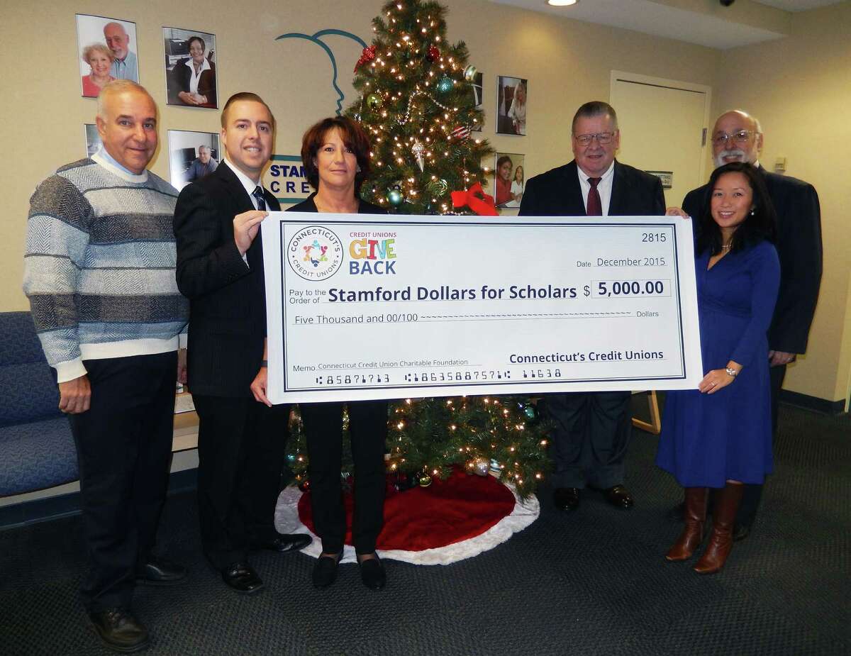 From left, David Lucas, president and CEO of Stamford FCU; David Hinchey, director of community impact, Credit Union League of Connecticut; Cathy Drenckhahn, vice president of fundraising, Stamford Dollars for Scholars; Paul Dorner, chairman of the Connecticut Credit Union Charitable Foundation; Gary Freeman, president of Stamford Dollars for Scholars; and Quynh Goodhouse, vice president of student affairs, Stamford Dollars for Scholars