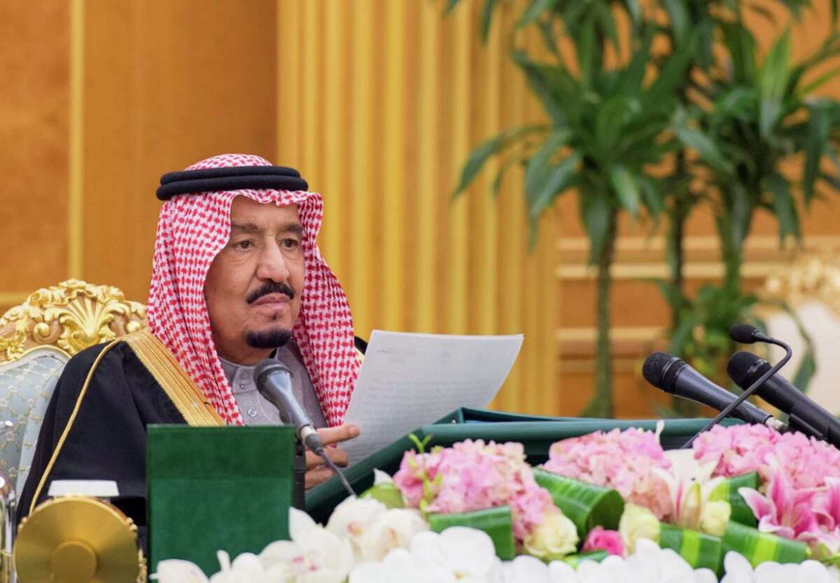 Saudi King Salman bin Abdulaziz leads the Council of Ministers meeting in the capital Riyadh. Saudi Arabia projected a 2016 budget deficit of $87 billion, which would be the kingdom's third annual shortfall in a row due to the oil price slump.