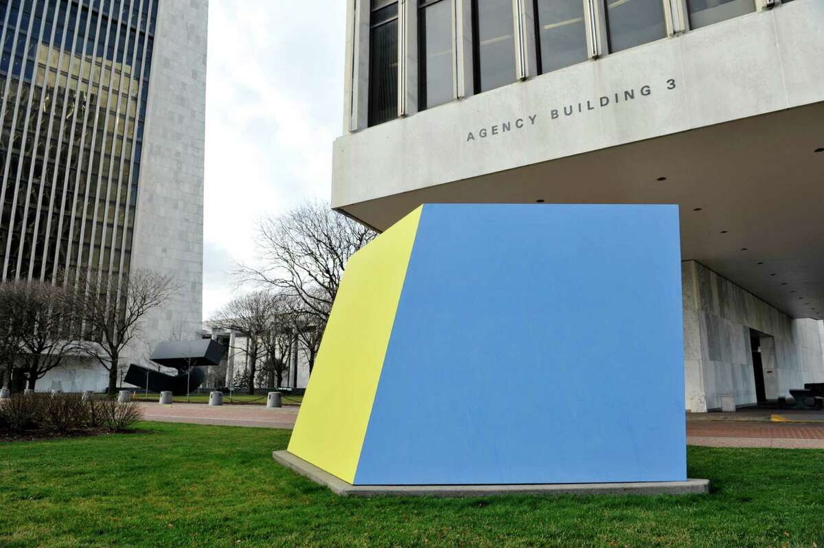 Artist Ellsworth Kelly's work entitled "Yellow Blue" is seen at the Empire State Plaza on Monday, Dec. 28, 2015, in Albany, N.Y. (Paul Buckowski / Times Union)