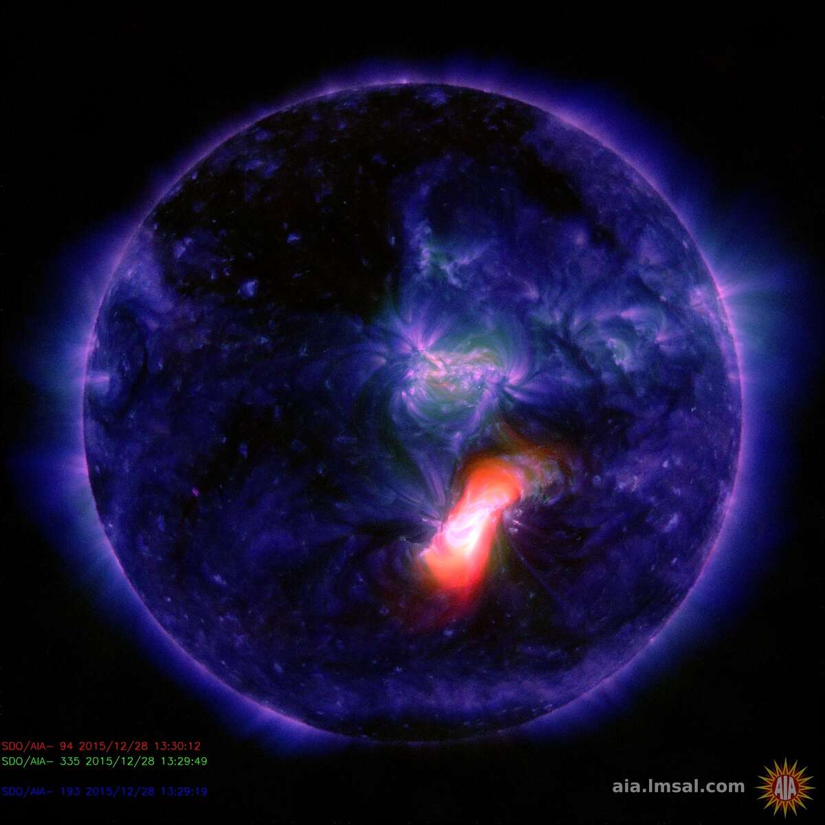 Sunspot erupts 12/28/2015 (image from http://aia.lmsal.com/)
