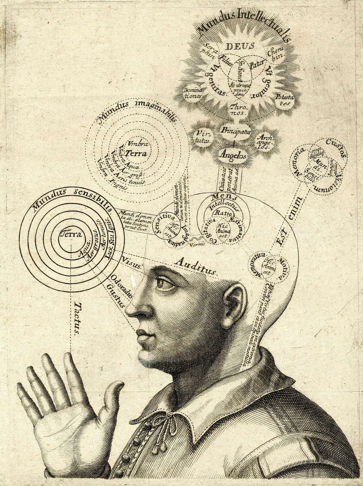 A print of the areas of the brain responsible for human thought, including the four senses, imagination, intellect and faith in God, circa 1650. Antique print of a man's head representing the areas of the brain responsible for human thought, including the four senses, imagination, intellect, and faith in God (copper engraving), c 1650. (Photo by GraphicaArtis/Getty Images)