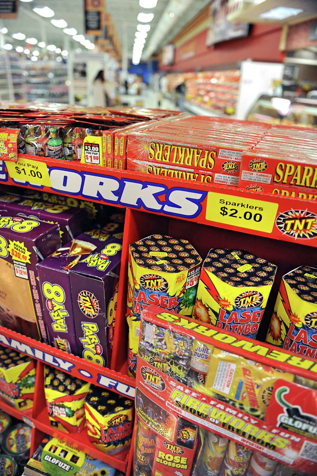 A display of fireworks is seen at Price Chopper on Hoosick Rd. on Tuesday, Dec. 29, 2015 in Brunswick, N.Y. Fireworks such as sparklers are on sale during the New Years Eve period under a new state law. Warren County banned firework sales on Friday.  (Lori Van Buren / Times Union)