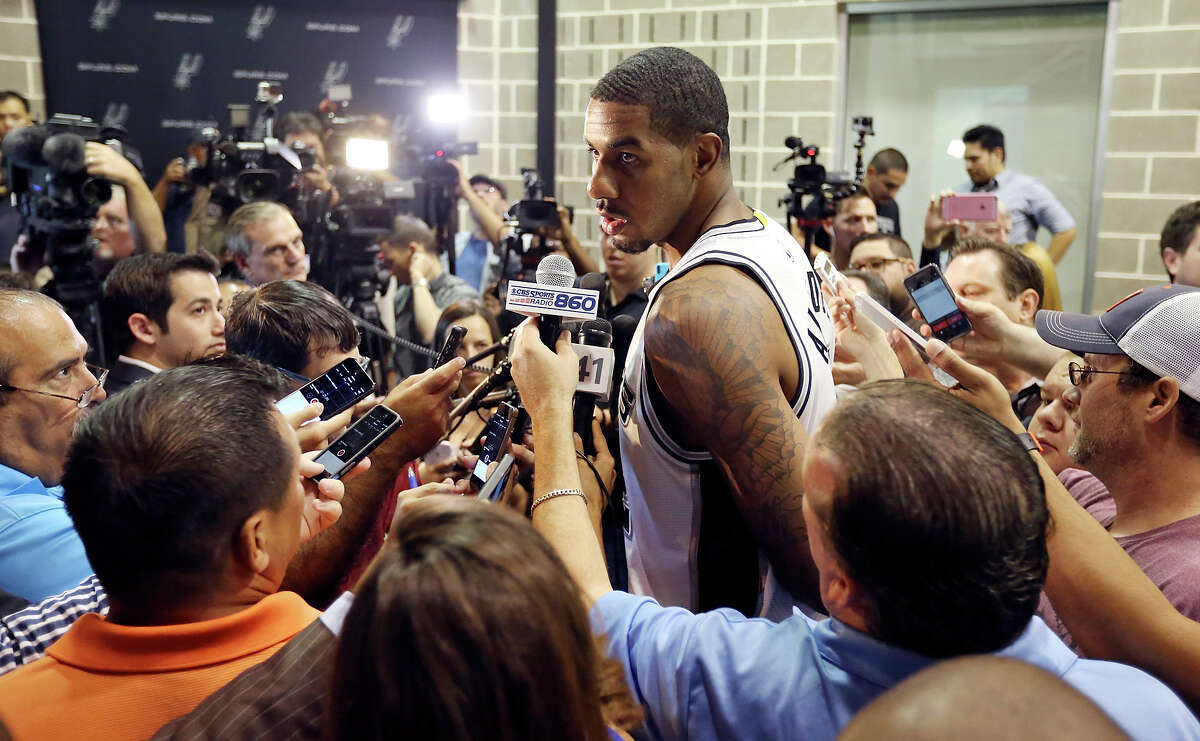 San Antonio Spurs' LaMarcus Aldridge is interviewed during media day Monday Sept. 28, 2015 at the Spurs practice facility.