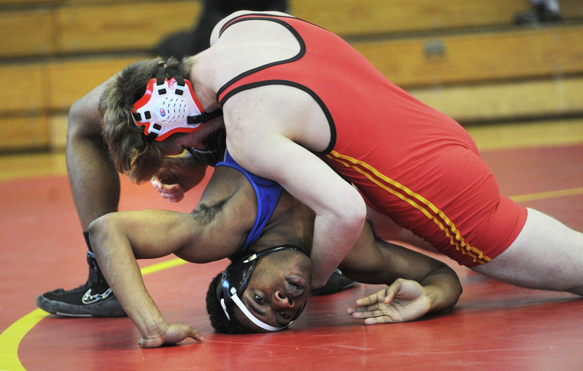 Stratford High's Tristan Frownfelter looks to pin Bunnell's Benny Nwaohuocha on his way to winning the 182 pound match during Stratford's 48-21 victory over Bunnell at Stratford High School in Stratford, Conn. on Wednesday, December 30, 2015.