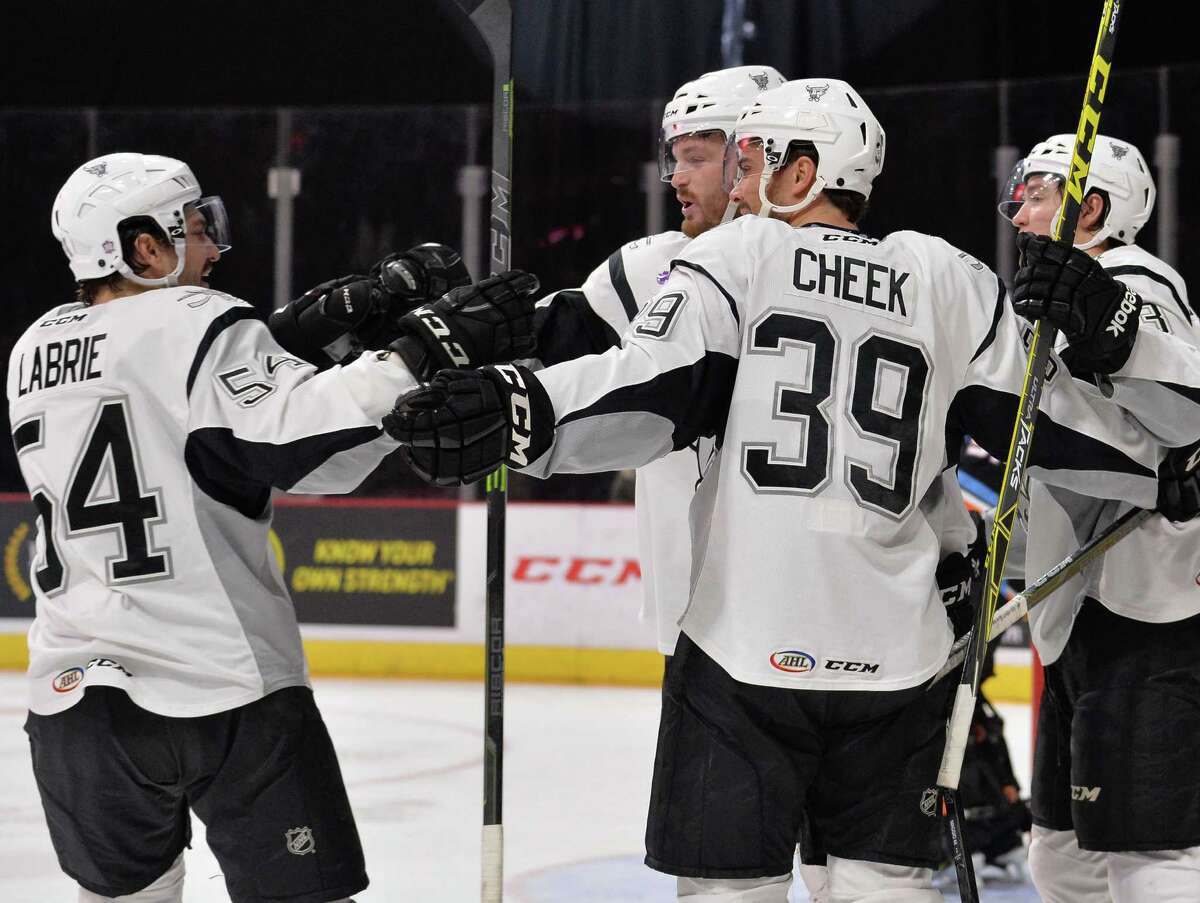 San Antonio Rampage players celebrate a goal during the second period of an AHL hockey game against the San Diego Gulls, Sunday, Jan. 3, 2016, in San Antonio. (Darren Abate/AHL)