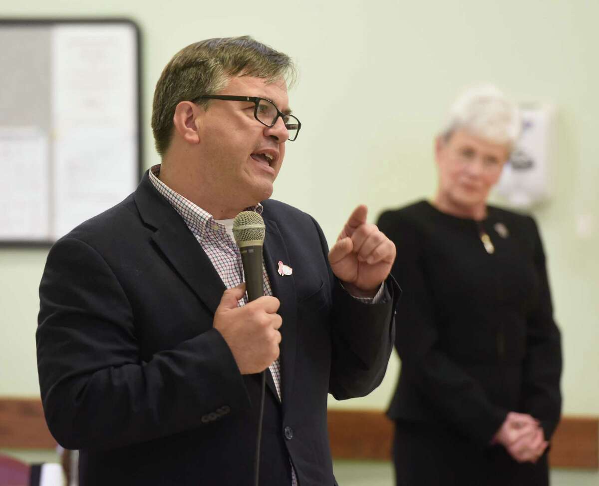 First Selectman nominee Frank Farricker speaks to seniors at the Senior Center in Greenwich, Conn. Tuesday, Oct. 27, 2015. Connecticut Lt. Gov. Nancy Wyman came down from Hartford Tuesday to show her support for Farricker in next Tuesday's election.
