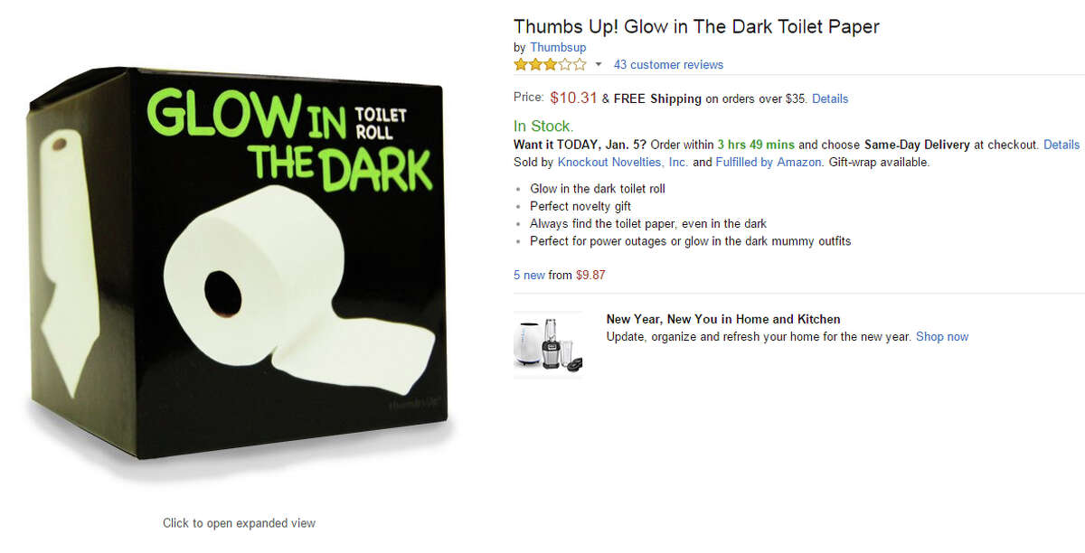 Product: Glow-in-the-dark Toilet Paper For your night-time poos. Price: $10.31 Found on: Amazon.com