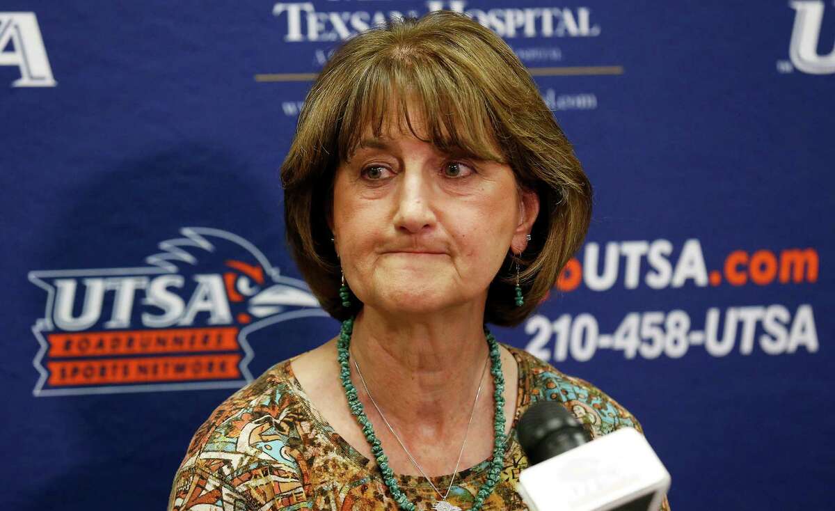 UTSA Athletic Director Lynn Hickey announces in a press conference that Coach Larry Coker is stepping down from his position as the school's first head football coach on Tuesday, Jan. 5, 2016. Hickey did not cite a specific reason for his decision but became she did appear emotional as she reflected on her and Coker's seven year relationship during the building of a football team for UTSA. A search for a new coach will begin in about 10-12 days according to Hickey. (Kin Man Hui/San Antonio Express-News)