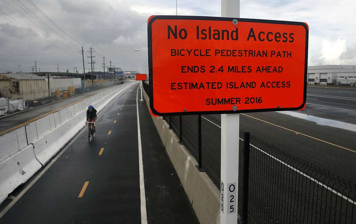 The bicycle pedestrian path on the southern side of the new Bay Bridge, in Oakland, Calif., on Wed. January 6, 2016, will eventually connect to Yerba Buena Island when completed and is now scheduled to open in the summer of 2016.