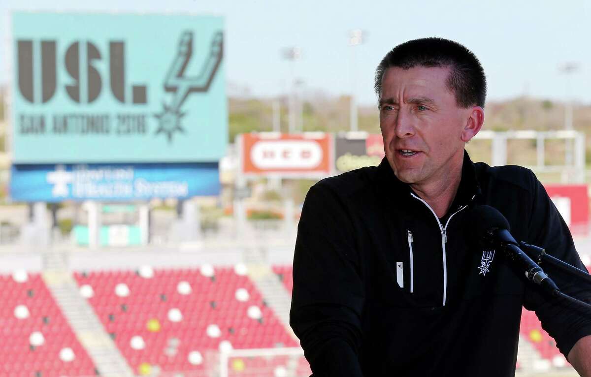 United Soccer League San Antonio head coach Darren Powell speaks during a press conference where the USL announced that the 31st USL franchise was awarded to Spurs Sports & Entertainment on Jan. 7, 2016 at Toyota Field.