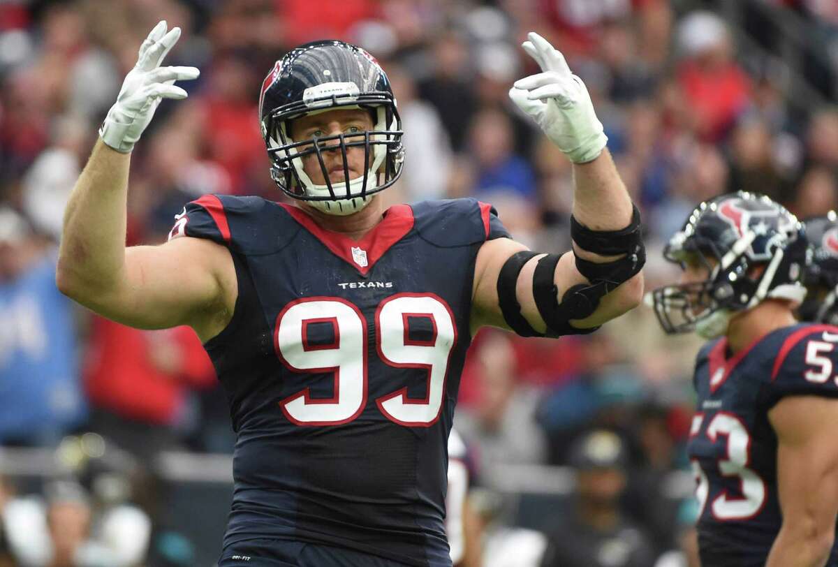 Texans defensive end J.J. Watt acknowledges the crowd after a sack during the first half against Jacksonville on Jan. 3, 2016, in Houston.