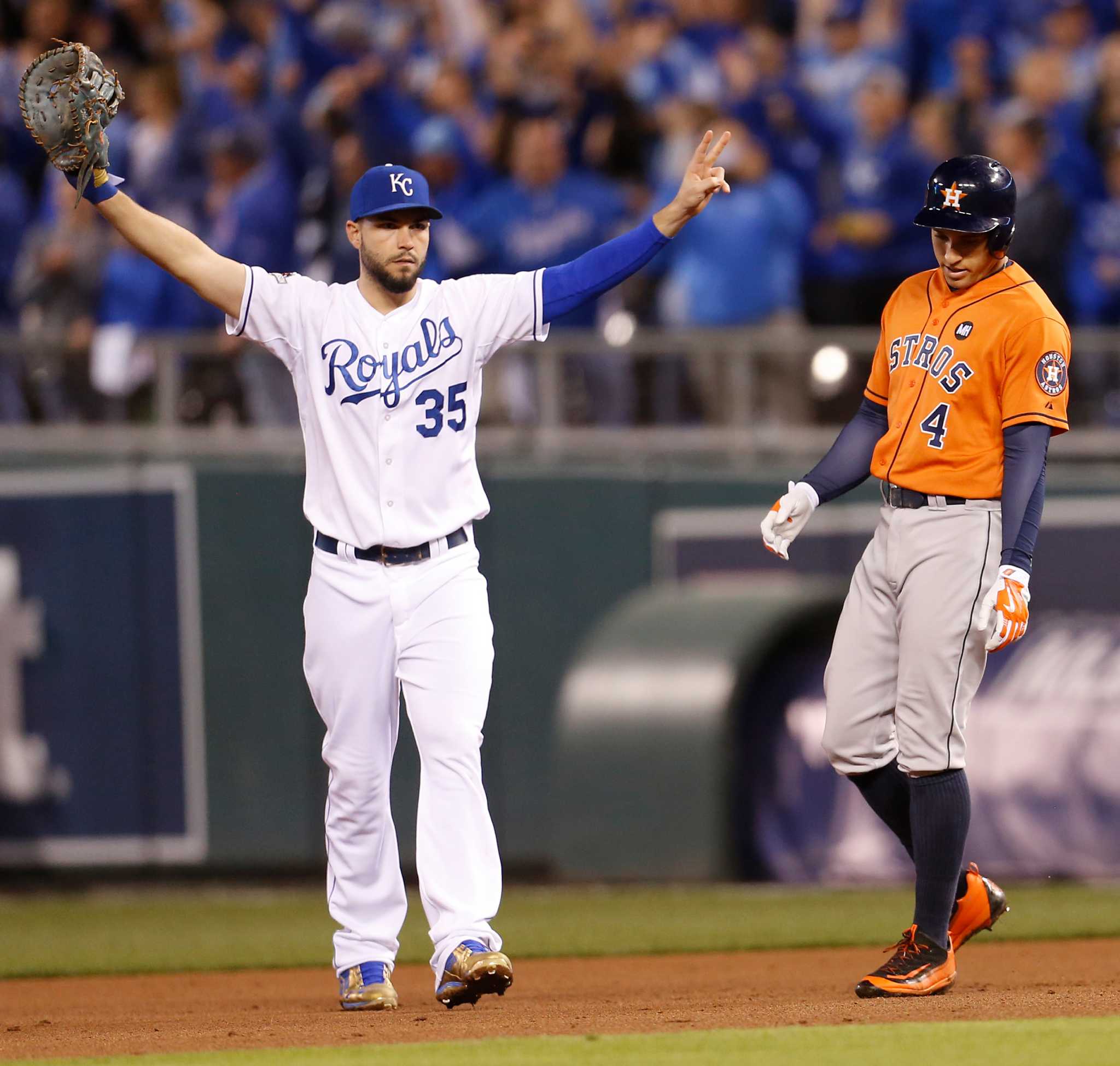 Kansas City Royals' first baseman Eric Hosmer celebrates with his