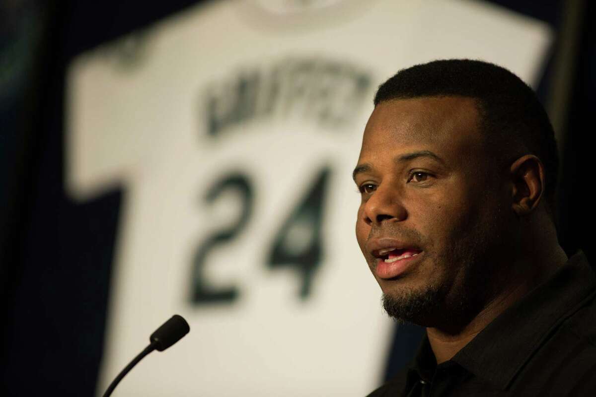Ken Griffey Jr. speaks to media during a press conference on his recent induction into the National Baseball Hall of Fame, at at Safeco Field on Friday, Jan. 8, 2016.
