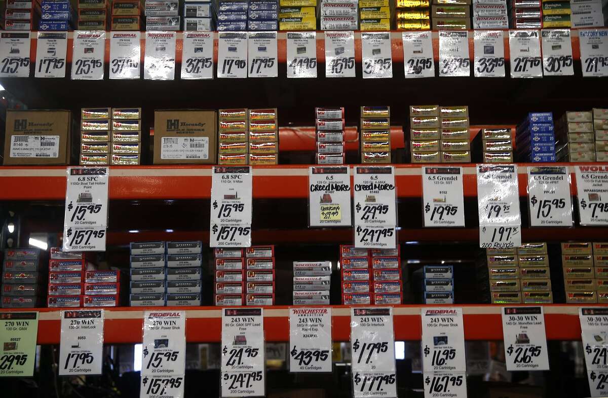 Ammunition is displayed at a vendor's booth at the Crossroads of the West gun show at the Cow Palace in Daly City, Calif. on Saturday, Jan. 9, 2016.