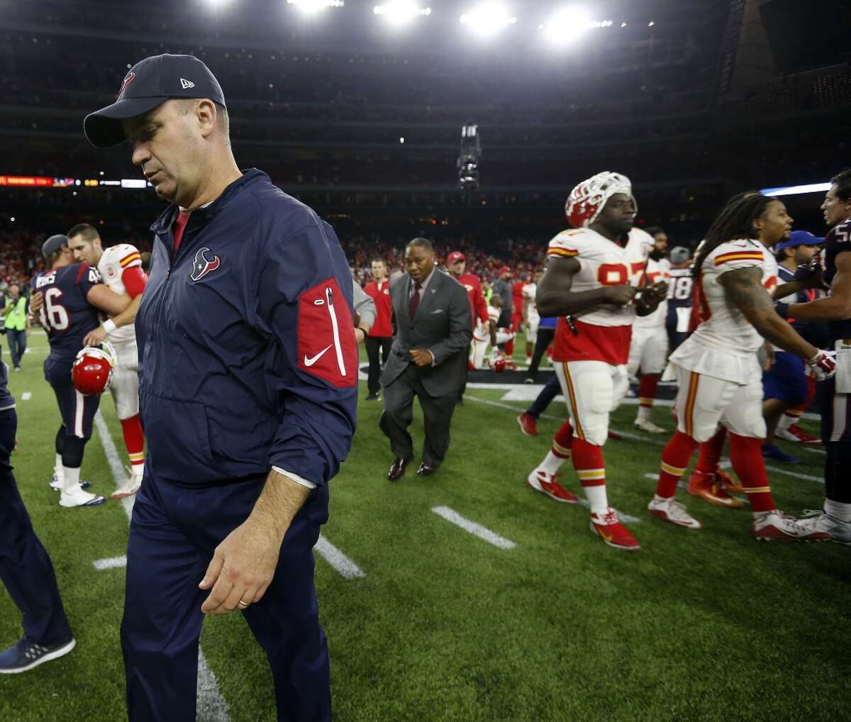 Houston Texans head coach Bill O'Brien walks back to the locker room after the Texans loss to Kansas City Chiefs 30-0 after an AFC Wildcard playoff game at NRG Stadium on Saturday, Jan. 9, 2016, in Houston. ( Karen Warren / Houston Chronicle )