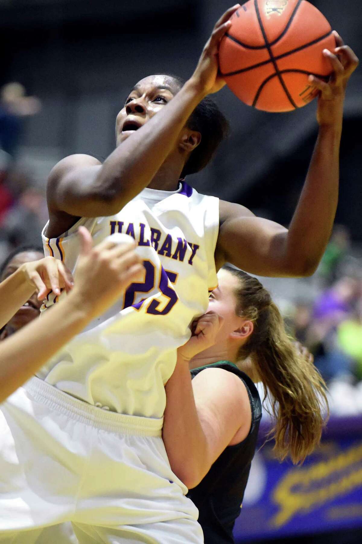 UAlbany's Shereesha Richards looks to the hoop during their basketball game against Vermont on Saturday, Jan. 9, 2016, at SEFCU Arena in Albany, N.Y. (Cindy Schultz / Times Union)