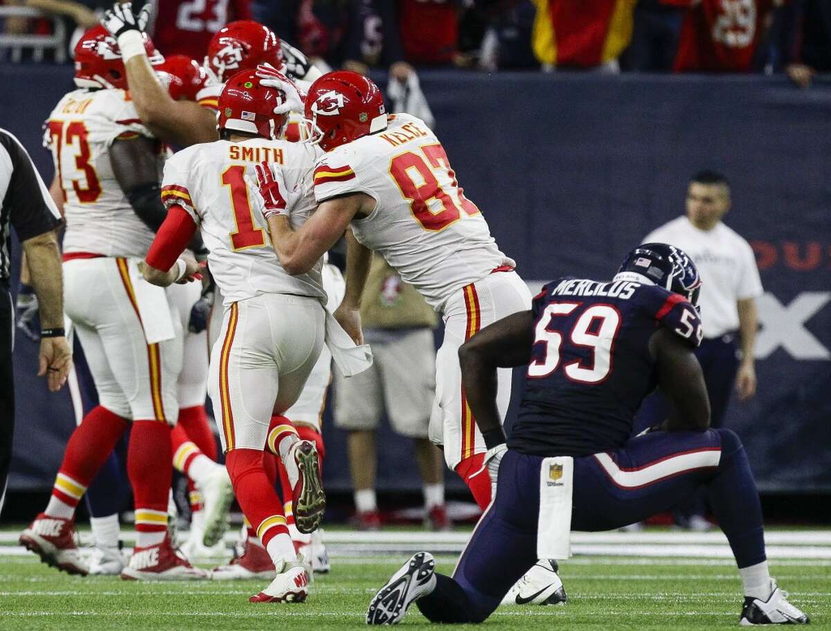 Houston Texans outside linebacker Whitney Mercilus (59) looks on as the Kansas City Chiefs celebrate a touchdown during the second half of the AFC Wildcard playoff game at NRG Stadium Saturday, Jan. 9, 2016, in Houston. The Houston Texans lost 30-0 to the Kansas City Chiefs. ( Michael Ciaglo / Houston Chronicle )