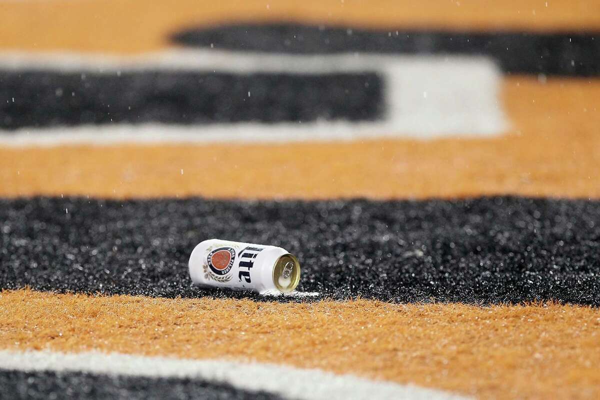CINCINNATI, OH - JANUARY 09: A can of beer is seen in the end zone after being thrown onto the field by a fan during the AFC Wild Card Playoff game between the Cincinnati Bengals and the Pittsburgh Steelers at Paul Brown Stadium on January 9, 2016 in Cincinnati, Ohio.