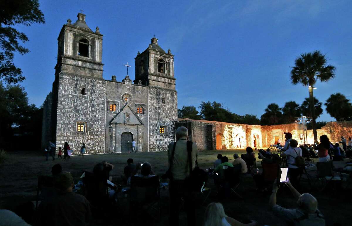 Mission Concepción just before sunset as guests await the actual light show as part of the World Heritage Site Celebrations in October. Viagran, the Catholic Archdiocese and surrounding neighbors support the redevelopment of an abandoned building near Mission Concepción.