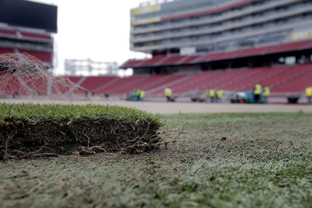 A piece of field turf sod lies on the artificial turf next to the field as NFL crews work to install a new field at Levi's Stadium in preparation of Super Bowl 50 in Santa Clara, Calif., on Monday, January 11, 2016.