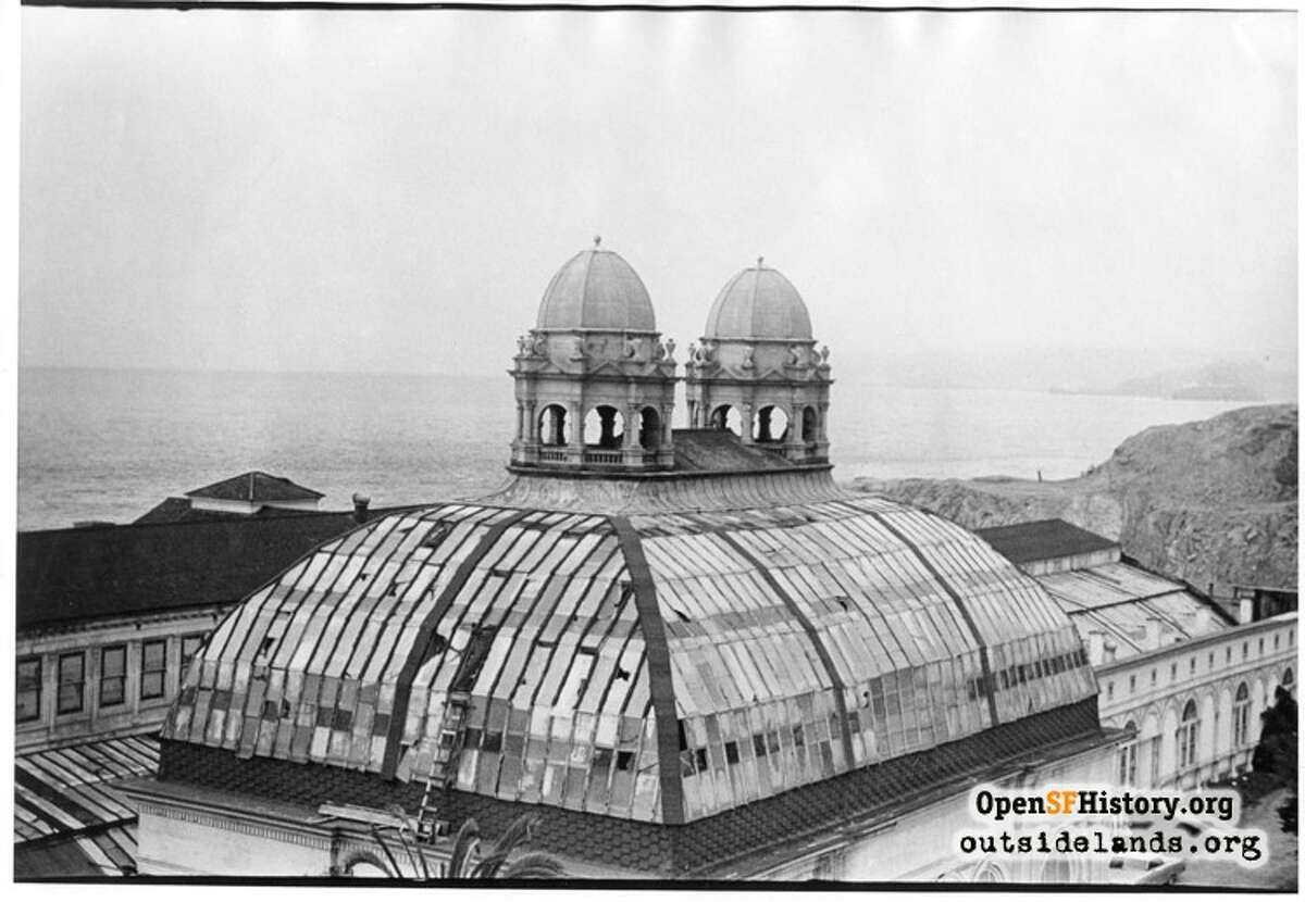 Sutro Baths(circa 1965)Sutro Baths. Dome and twin cupolas over mezzanine View north with Point Lobos and Marin coast in distance.- Courtesy of OpenSFHistory.org.