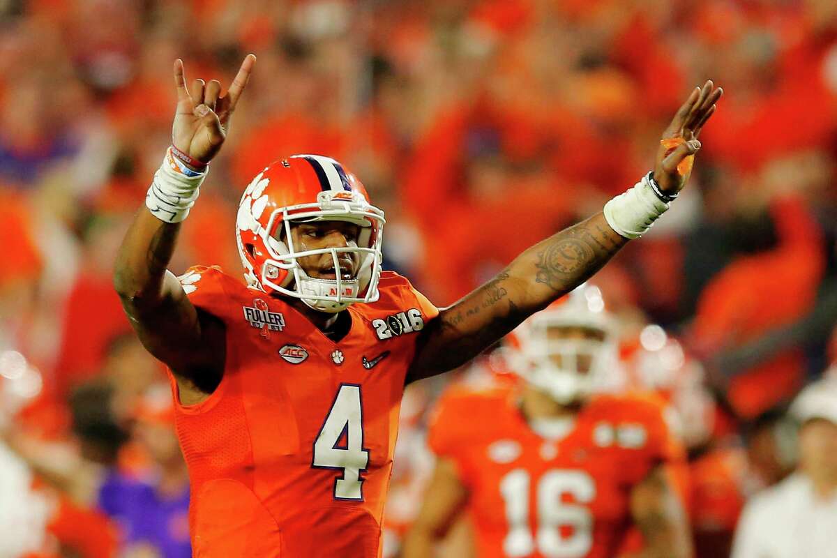 Deshaun Watson of the Clemson Tigers reacts against the Alabama Crimson Tide during the 2016 College Football Playoff national championship game at University of Phoenix Stadium on Jan. 11, 2016 in Glendale, Ariz.